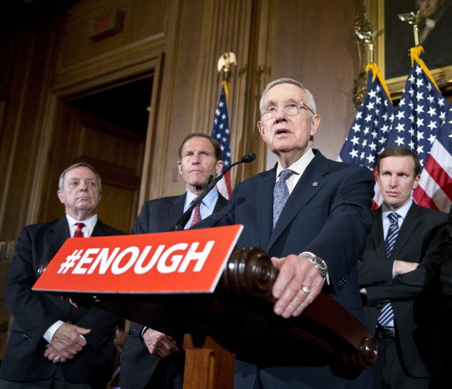 Sen. Richard Durbin, D-Ill., left, Sen. Richard Blumenthal, D-Conn., Sen. Chris Murphy, D-Conn., and Sen. Charles Schumer, D-N.Y., listen as Minority Leader Harry Reid of Nevada, center, speaks during a media availability, on Capitol Hill, Monday, June 20, 2016 in Washington. A divided Senate blocked rival election-year plans to curb guns, eight days after the horror of Orlandos mass shooting intensified pressure on lawmakers to act but knotted them in gridlock anyway - even over restricting firearms for terrorists.  (AP Photo/Alex Brandon)