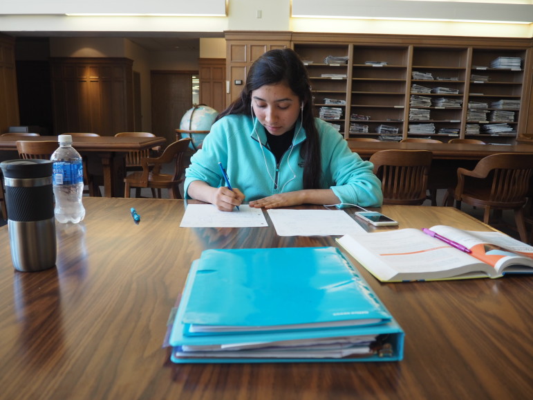 Junior biology major Leslie Gonzalez studies for organic chemistry in the periodical section of the Mary Couts Burnett Library. Photo courtesy of Makenzie Stallo