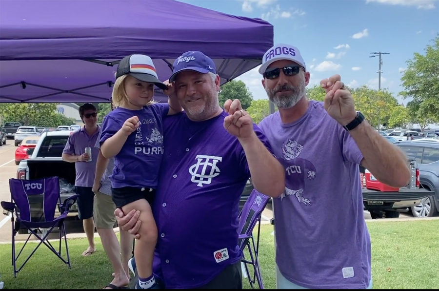 A few TCU baseball fans pose ahead of the playoff game against Indiana on Friday, June 9, 2023, at Lupton Stadium. (Jordyn Hentz/Staff Photographer)