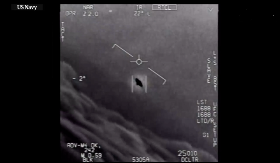 A still from a video released by the Pentagon that shows an unidentified flying object. The video was shot by a Naval aviator. (Photo courtesy of The Guardian